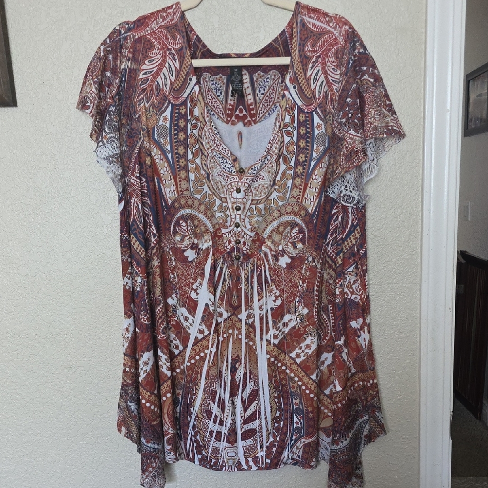 Style & Co. Rust Multi Paisley Lace-Trim Tunic Top